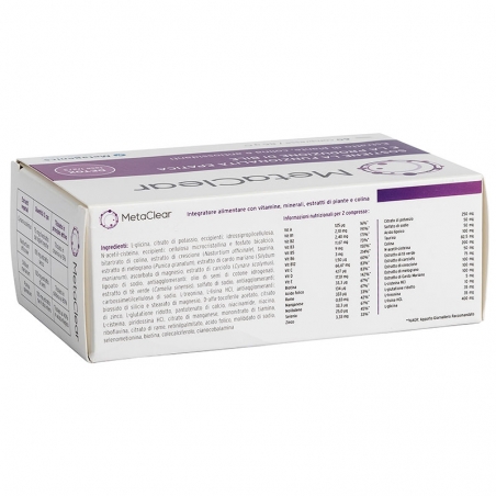 immagine della confezione Integratore MetaClear 60 compresse di Metagenics, vista del particolare degli ingredienti immagine della confezione Integratore MetaClear 60 compresse di Metagenics, vista del particolare degli ingredienti